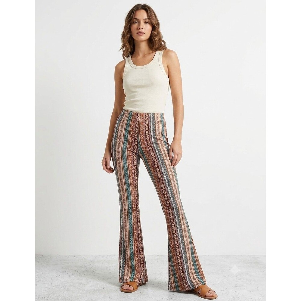 Mauve Boho Striped Flare Pants Womens L High Waist Stretch Festival 70s Hippie